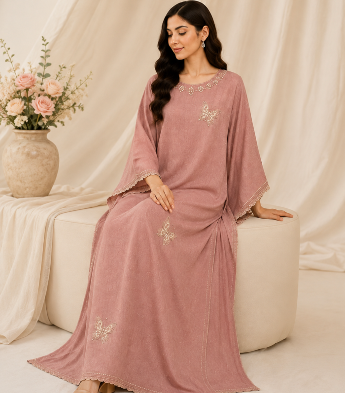 Dusty Rose Embroidered Batwing Long Kaftan