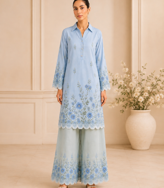 Powder Blue Botanical Two Piece Set With Straight Shalwar